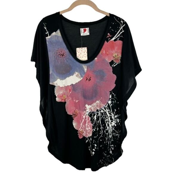 Free People Womens Top Black Pink Floral Scoop Neck Shirt Blouse Batwing Size S - Picture 1 of 5